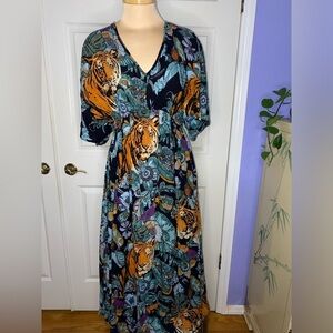 World Market Boho Maxi Dress L/XL | Tiger Jungle Floral Print Vibrant & Flowy
